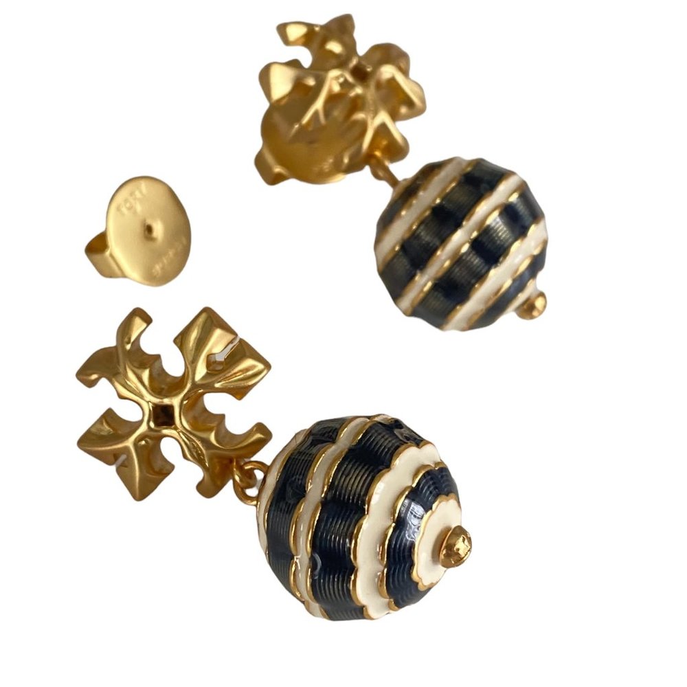 Auth NEW Tory Burch Navy New Roxanne Small Drop Stripe Earrings w/Card/Bag $168 - Picture 4 of 7